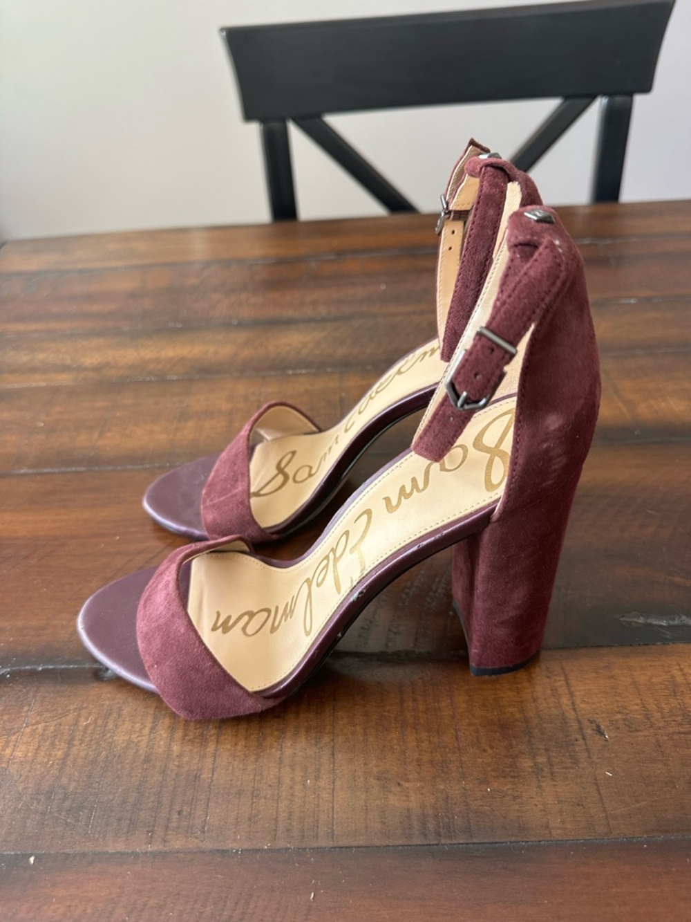 Sam Edelman Burgundy Suede Block Heel Sandals with Ankle Strap - Picture 5 of 6